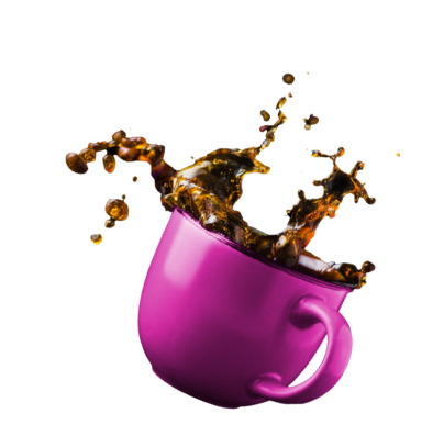 A pink mug spilling coffee